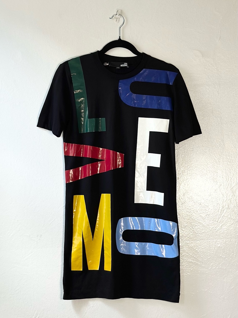 Love Moschino Black Mini Dress with Multicolor Logo Letters